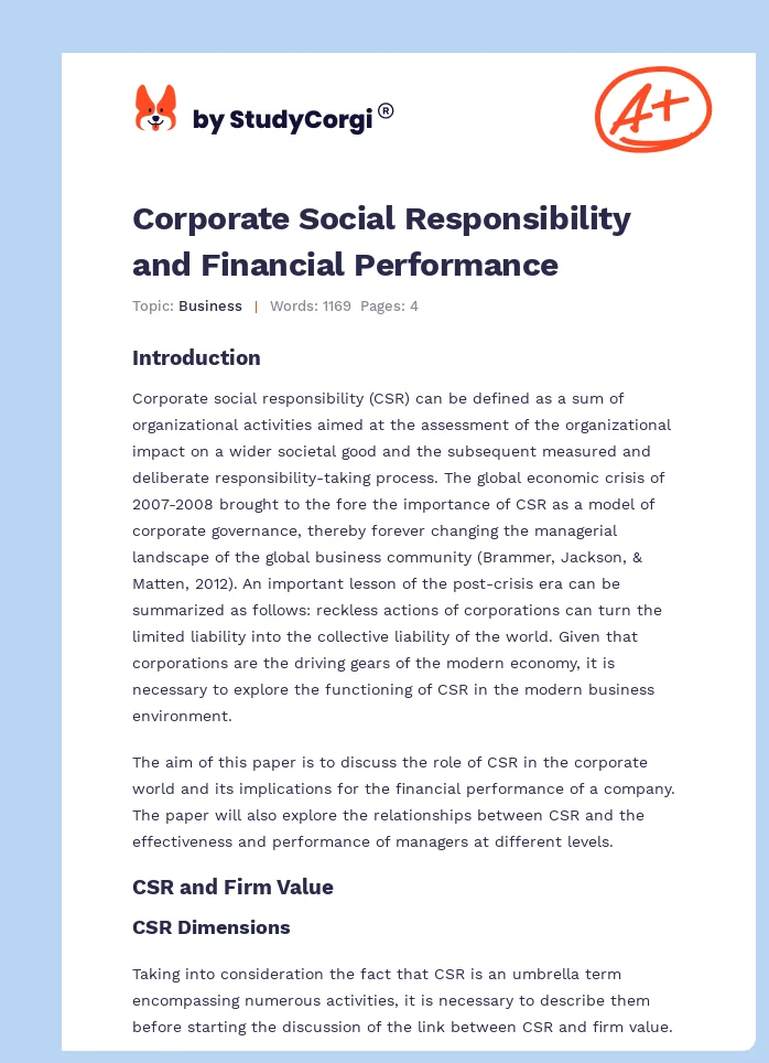 Corporate Social Responsibility and Financial Performance. Page 1