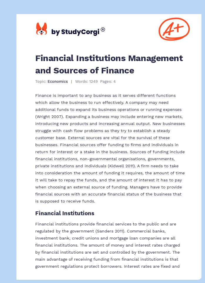 Financial Institutions Management and Sources of Finance. Page 1