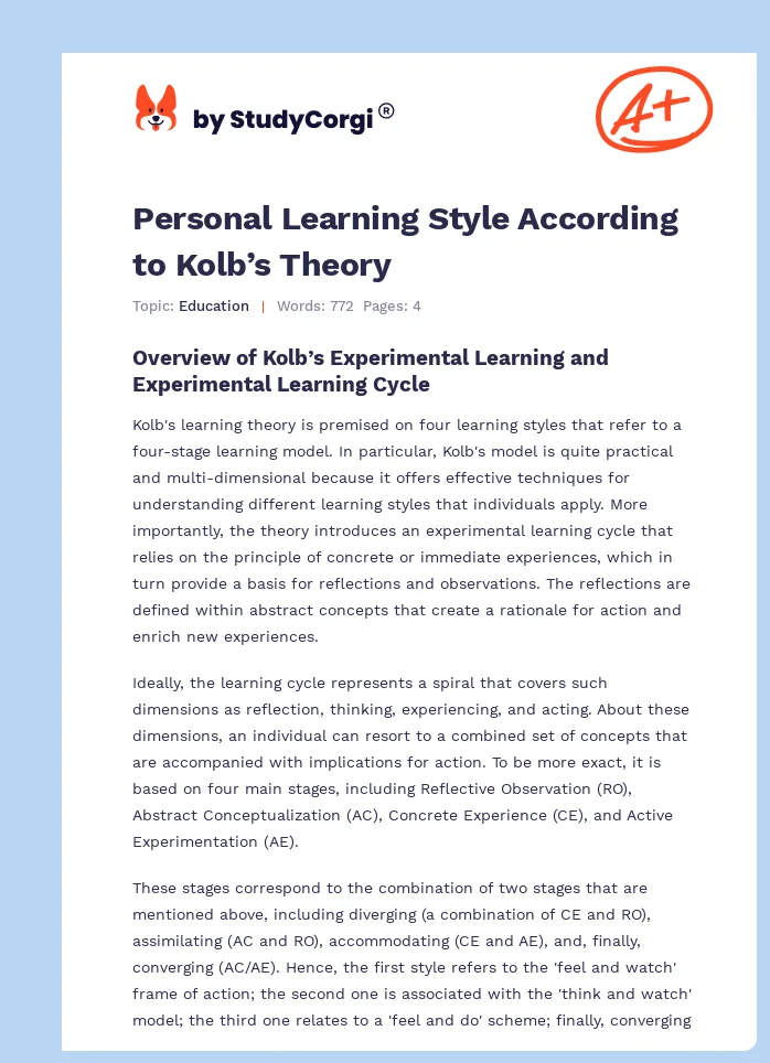 Personal Learning Style According to Kolb’s Theory. Page 1