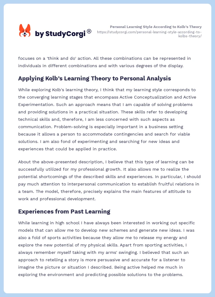 Personal Learning Style According to Kolb’s Theory. Page 2