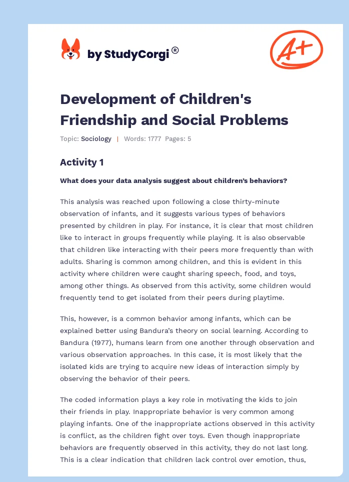 Development of Children's Friendship and Social Problems. Page 1