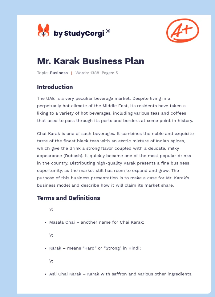 Mr. Karak Business Plan. Page 1