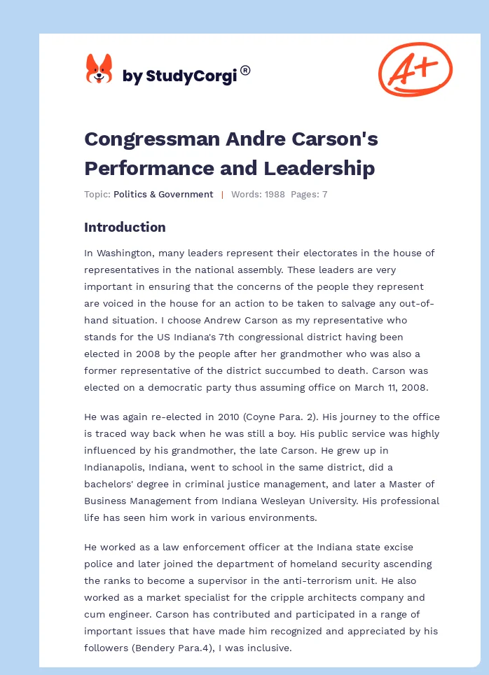 Congressman Andre Carson's Performance and Leadership. Page 1