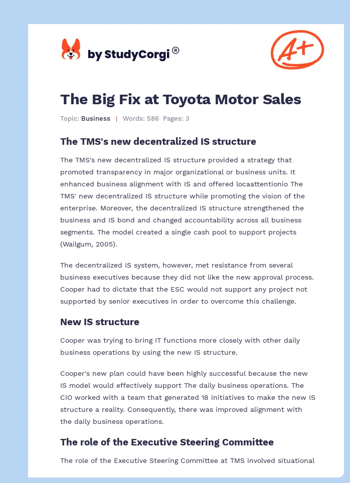 The Big Fix at Toyota Motor Sales. Page 1