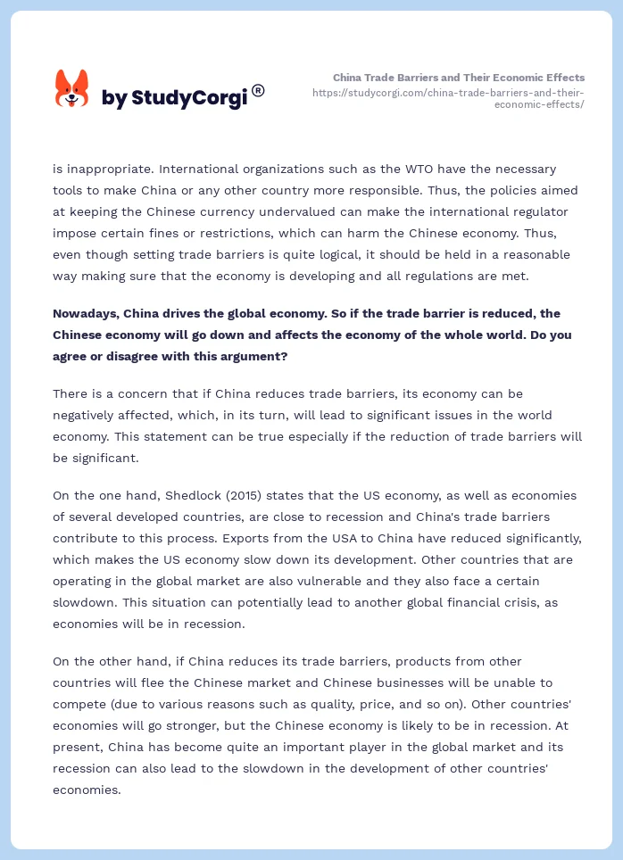 China Trade Barriers and Their Economic Effects. Page 2