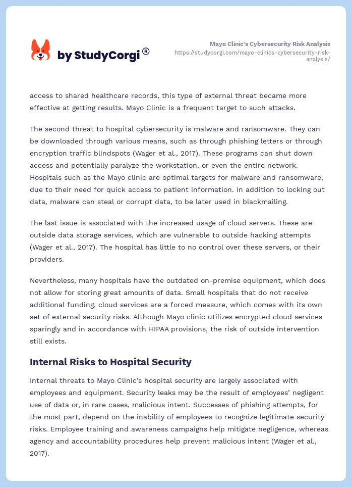 Mayo Clinic's Cybersecurity Risk Analysis. Page 2