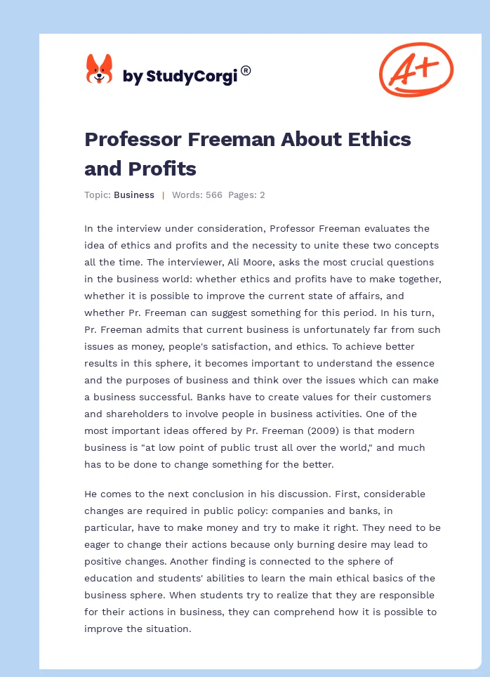 Professor Freeman About Ethics and Profits. Page 1