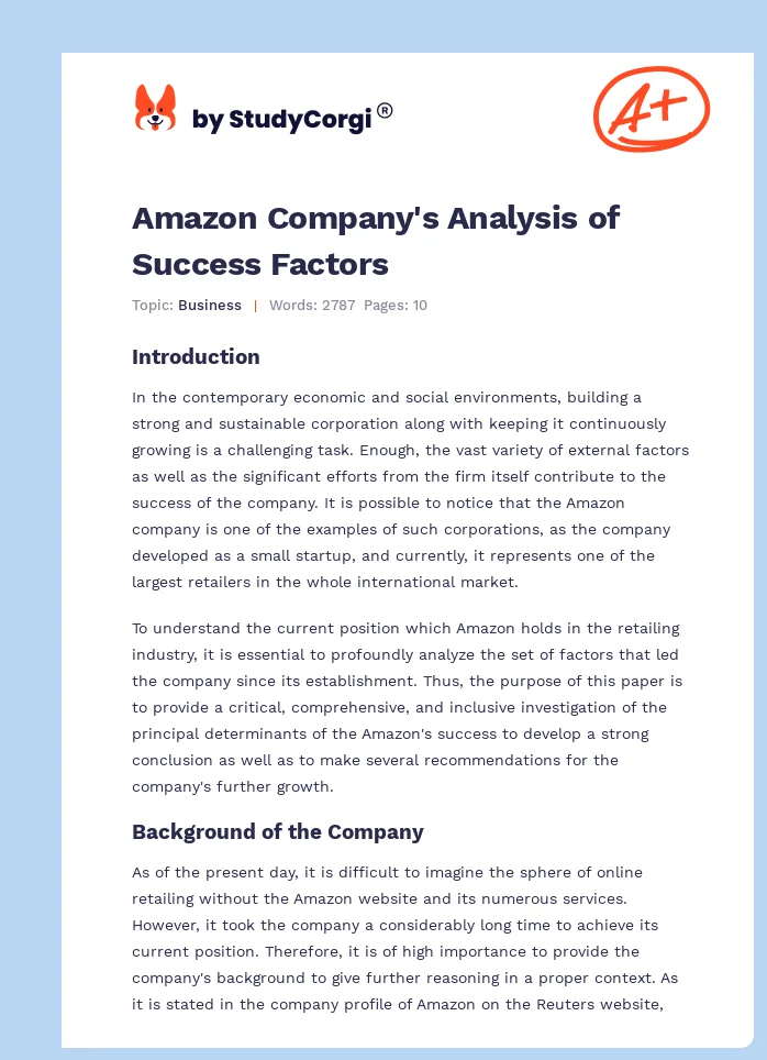 Amazon Company's Analysis of Success Factors. Page 1