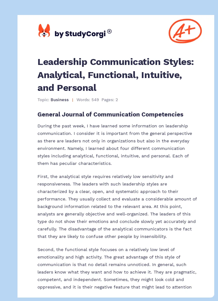 Leadership Communication Styles: Analytical, Functional, Intuitive, and Personal. Page 1