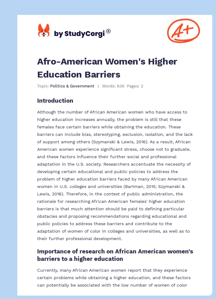 Afro-American Women's Higher Education Barriers. Page 1