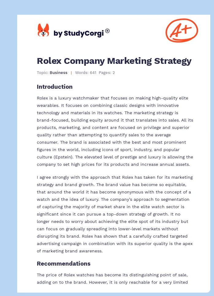 Rolex Company Marketing Strategy. Page 1
