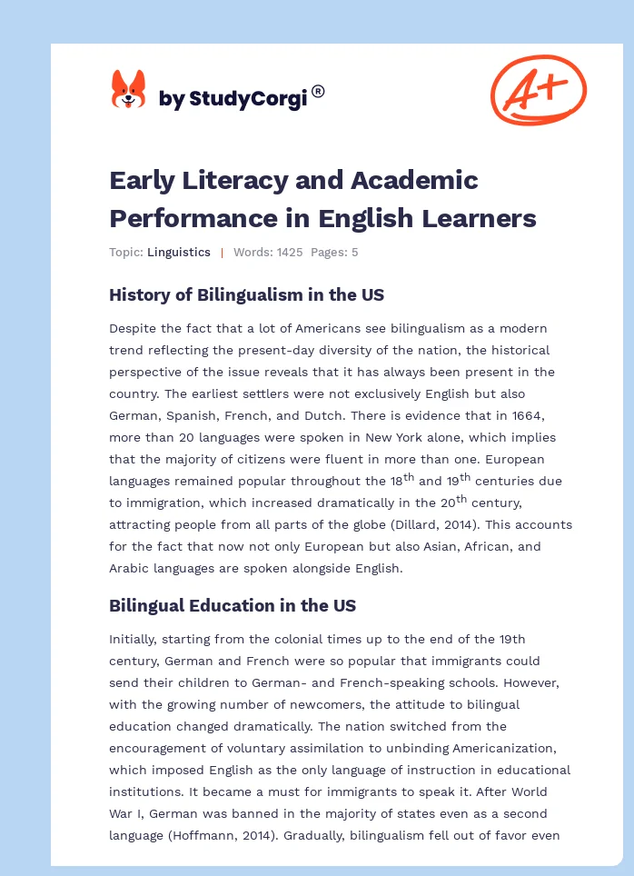 Early Literacy and Academic Performance in English Learners. Page 1