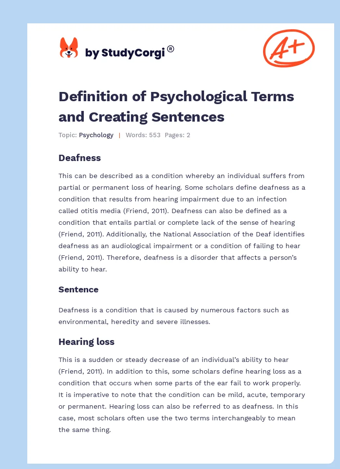 Definition of Psychological Terms and Creating Sentences. Page 1