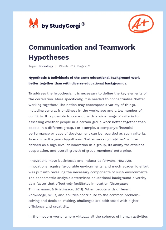 Communication and Teamwork Hypotheses. Page 1