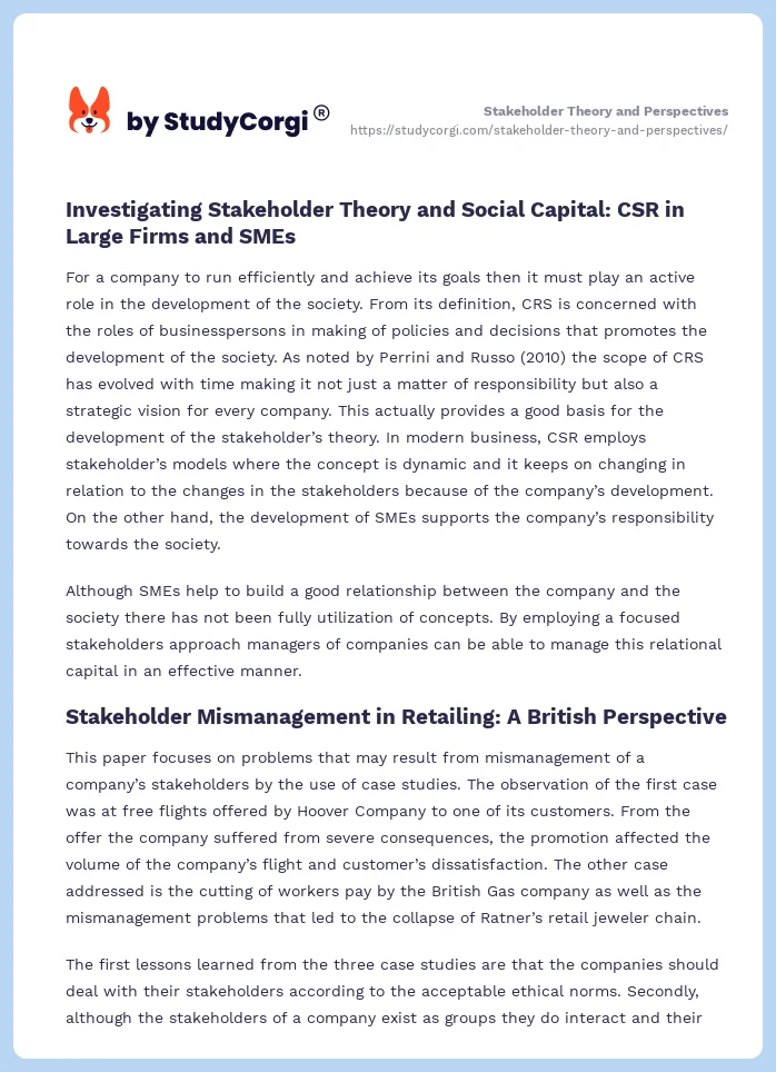 Stakeholder Theory and Perspectives. Page 2