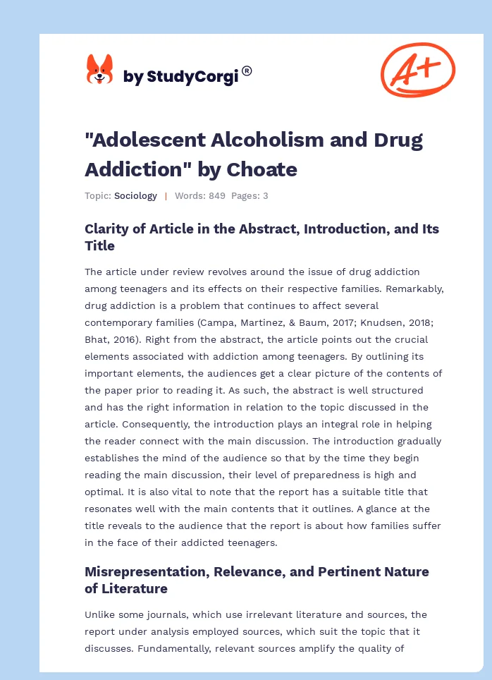 "Adolescent Alcoholism and Drug Addiction" by Choate. Page 1