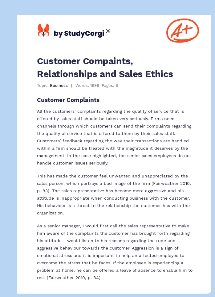 Customer Compaints, Relationships and Sales Ethics. Page 1