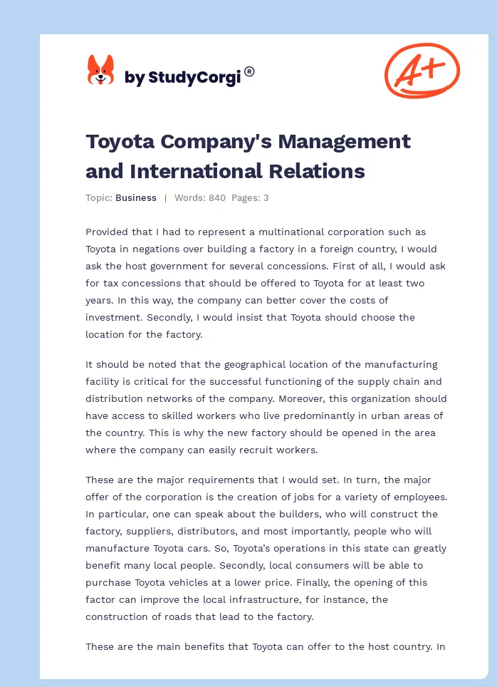 Toyota Company's Management and International Relations. Page 1