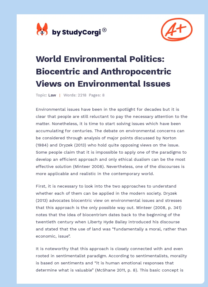 World Environmental Politics: Biocentric and Anthropocentric Views on Environmental Issues. Page 1