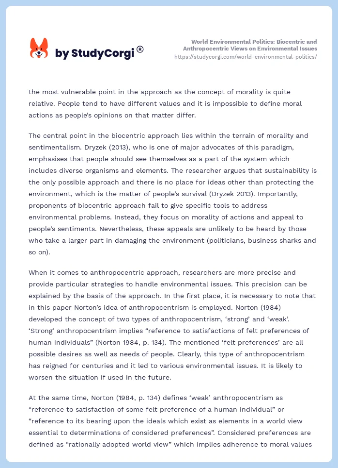 World Environmental Politics: Biocentric and Anthropocentric Views on Environmental Issues. Page 2