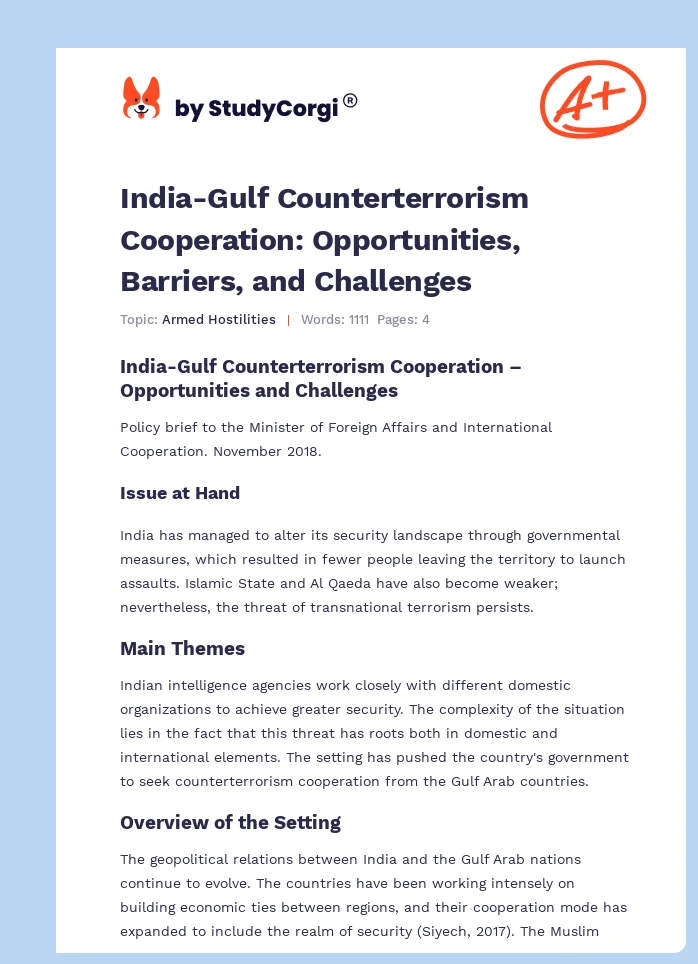 India-Gulf Counterterrorism Cooperation:  Opportunities, Barriers, and Challenges. Page 1