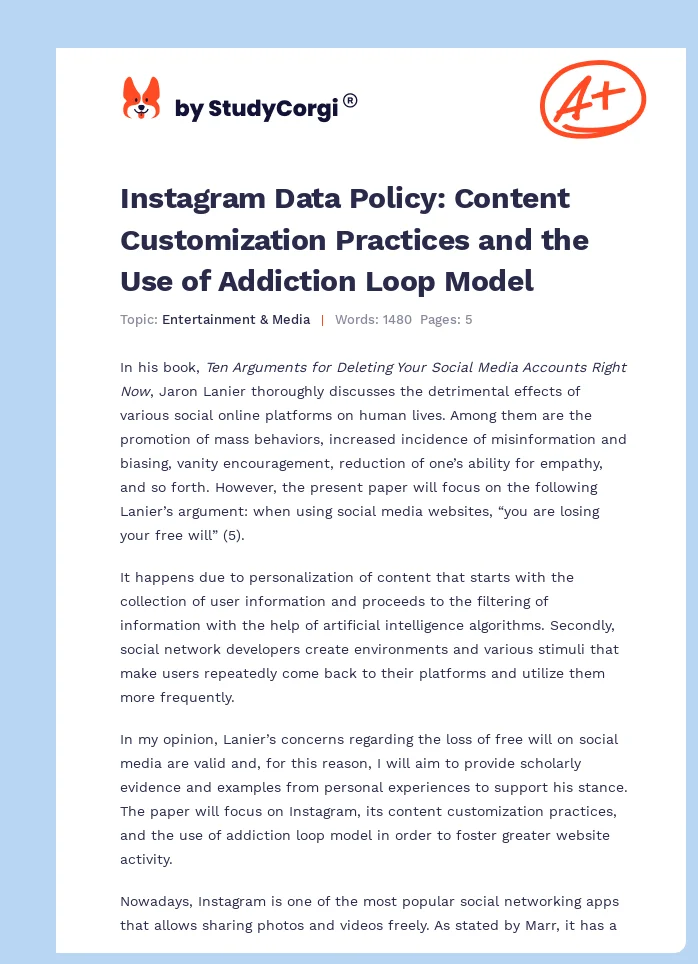 Instagram Data Policy: Content Customization Practices and the Use of Addiction Loop Model. Page 1