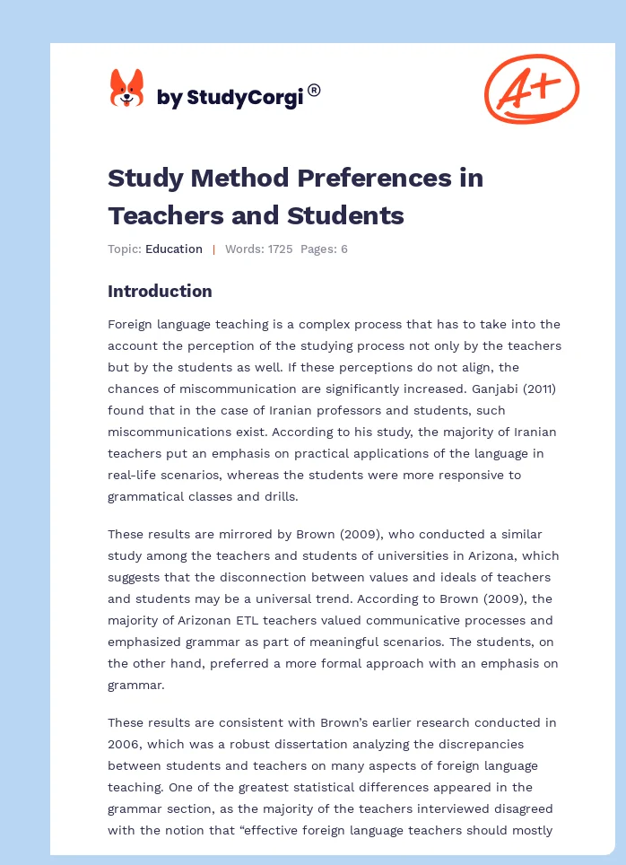 Study Method Preferences in Teachers and Students. Page 1