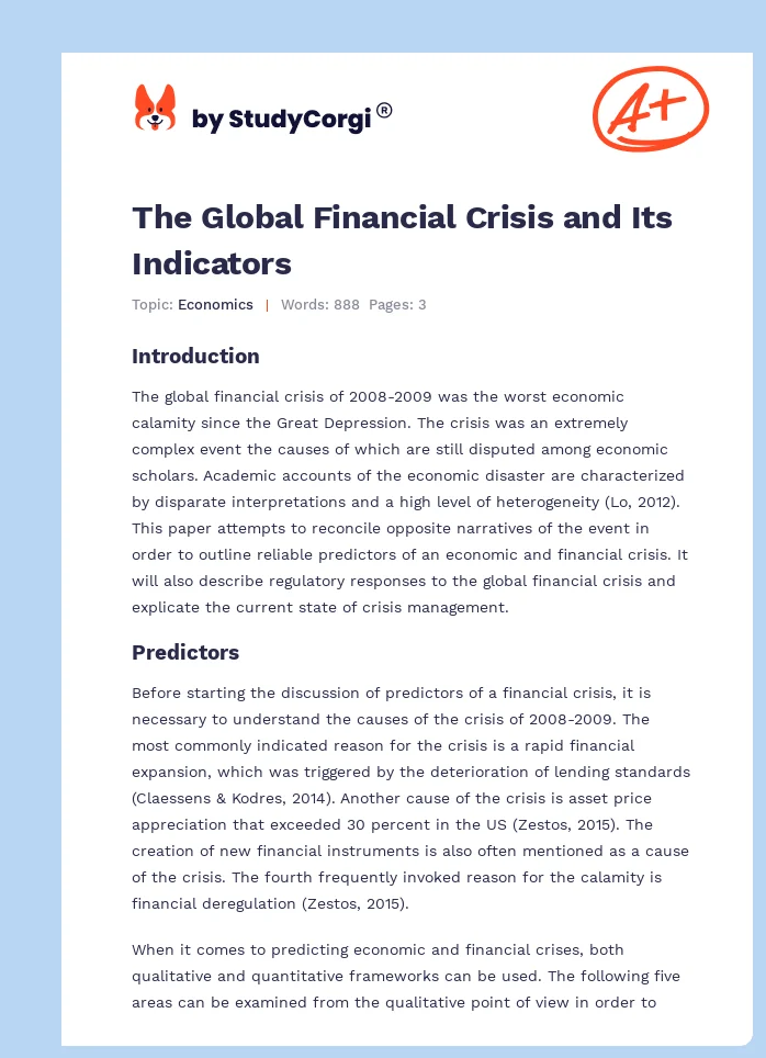 The Global Financial Crisis and Its Indicators. Page 1