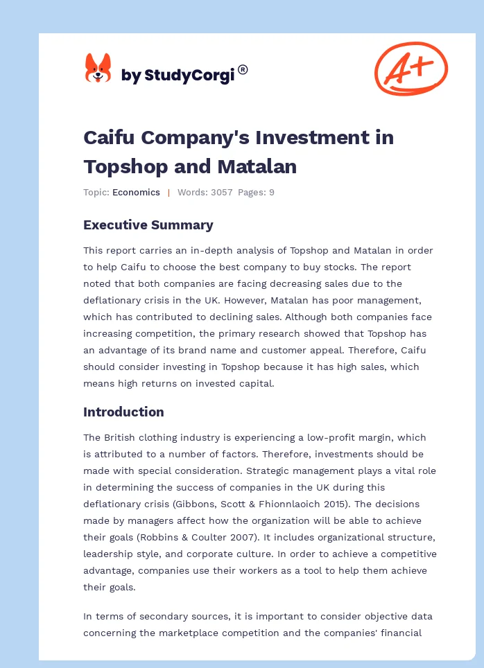 Caifu Company's Investment in Topshop and Matalan. Page 1