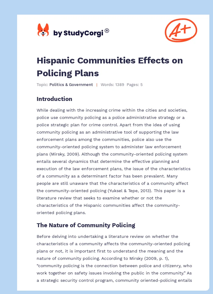 Hispanic Communities Effects on Policing Plans. Page 1