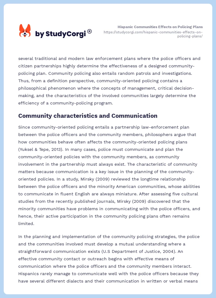 Hispanic Communities Effects on Policing Plans. Page 2