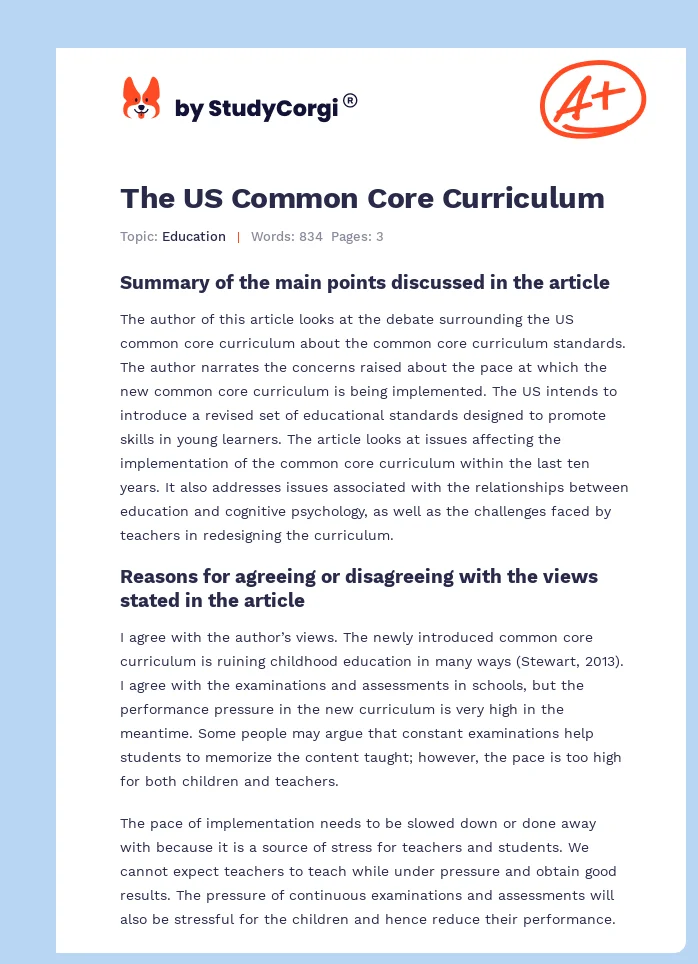 The US Common Core Curriculum. Page 1