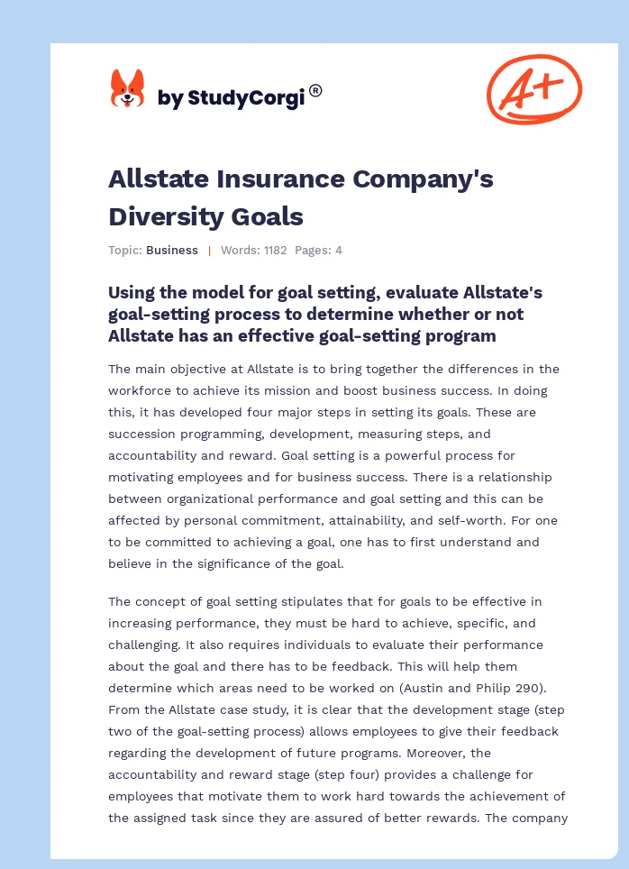 Allstate Insurance Company's Diversity Goals. Page 1