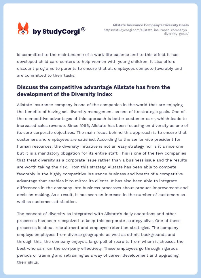 Allstate Insurance Company's Diversity Goals. Page 2