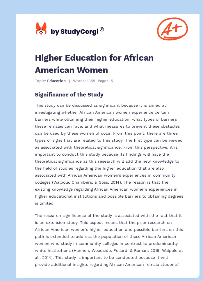 Higher Education for African American Women. Page 1