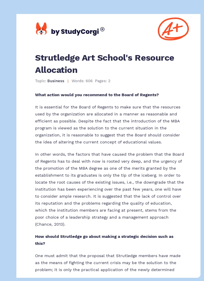 Strutledge Art School's Resource Allocation. Page 1