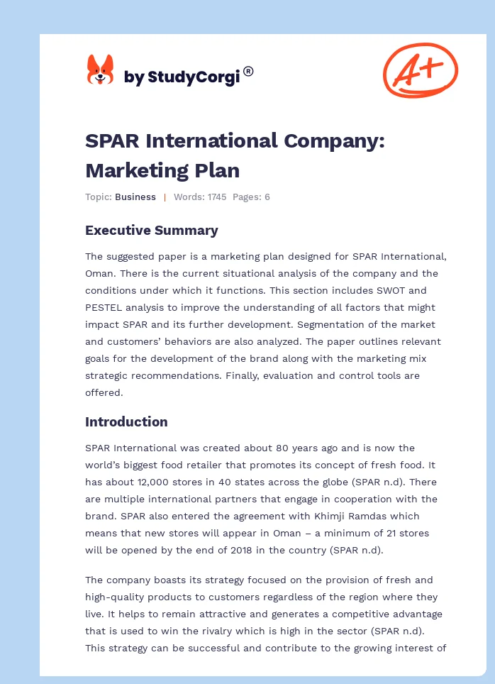 SPAR International Company: Marketing Plan. Page 1
