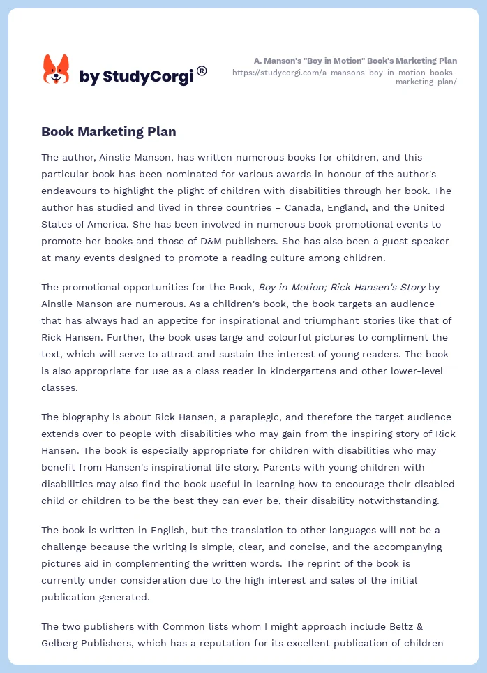 A. Manson's "Boy in Motion" Book's Marketing Plan. Page 2