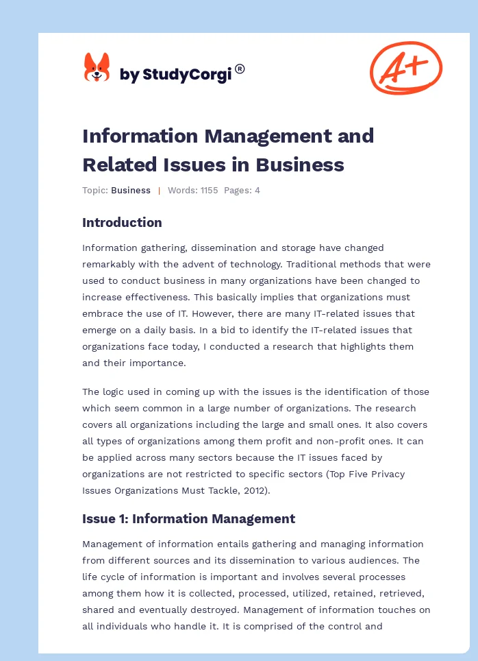 Information Management and Related Issues in Business. Page 1