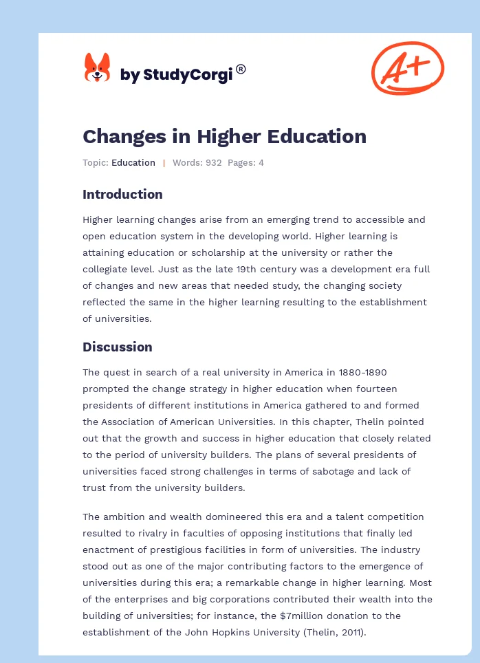 Changes in Higher Education. Page 1