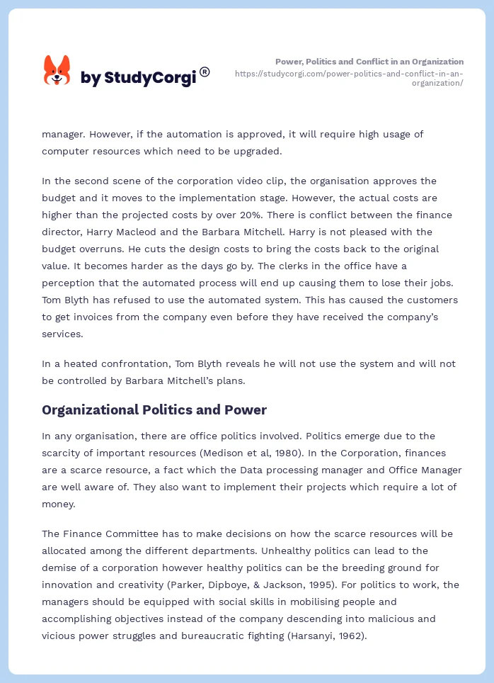 Power, Politics and Conflict in an Organization. Page 2