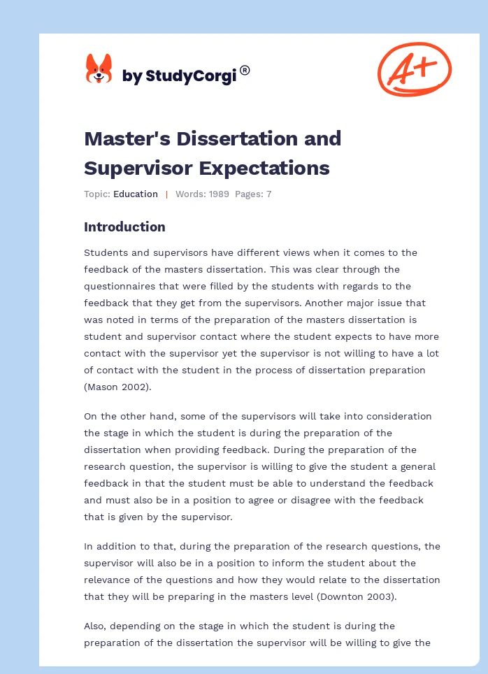 Master's Dissertation and Supervisor Expectations. Page 1