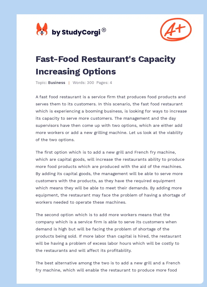 Fast-Food Restaurant's Capacity Increasing Options. Page 1
