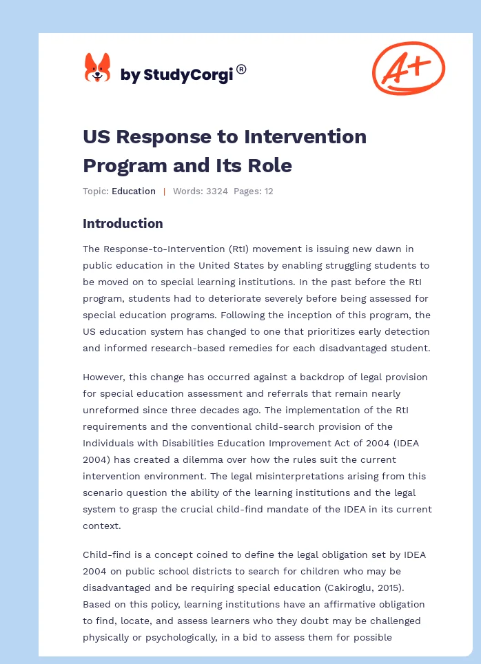 US Response to Intervention Program and Its Role. Page 1