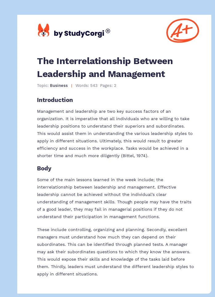 The Interrelationship Between Leadership and Management. Page 1