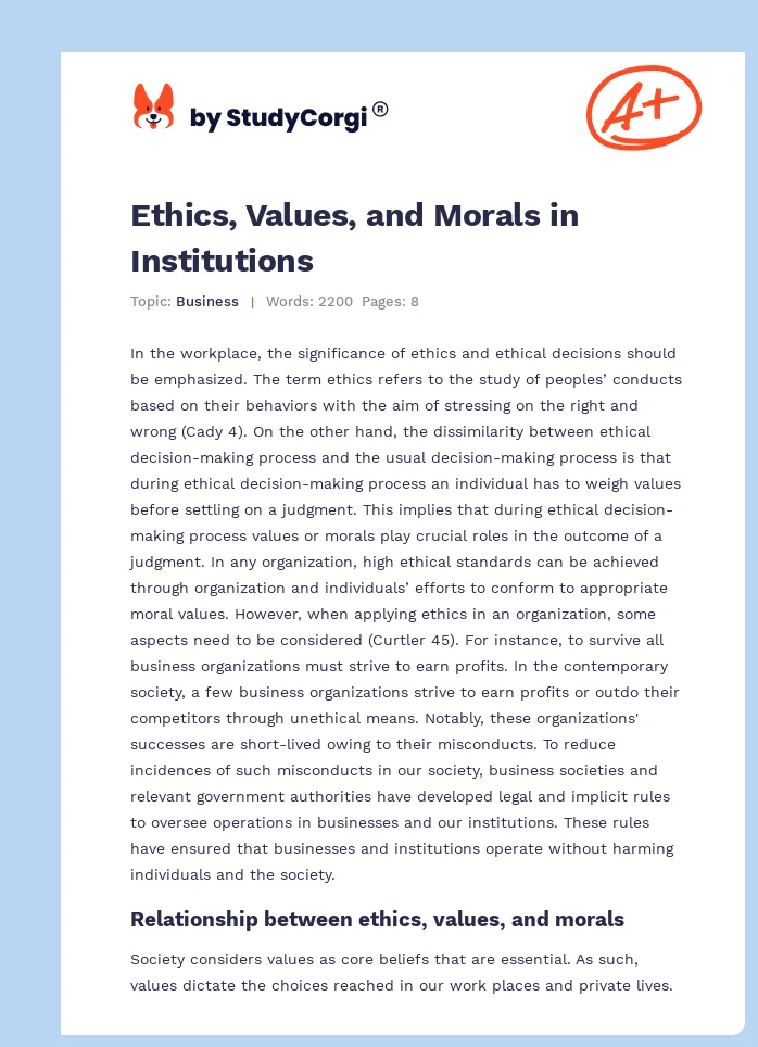 Ethics, Values, and Morals in Institutions. Page 1