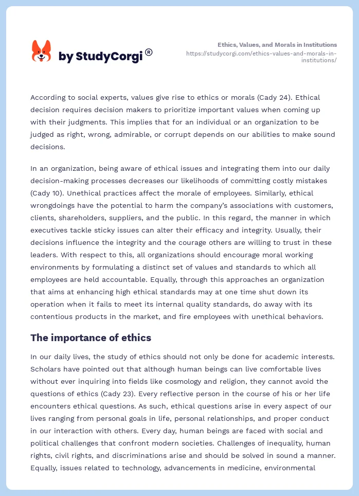 Ethics, Values, and Morals in Institutions. Page 2