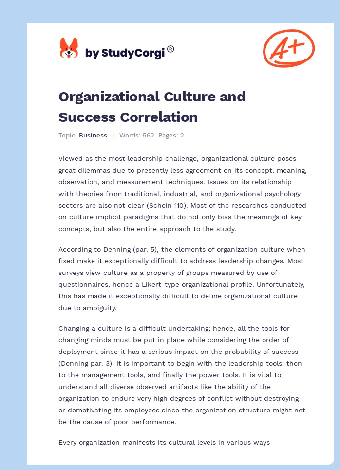 Organizational Culture and Success Correlation. Page 1