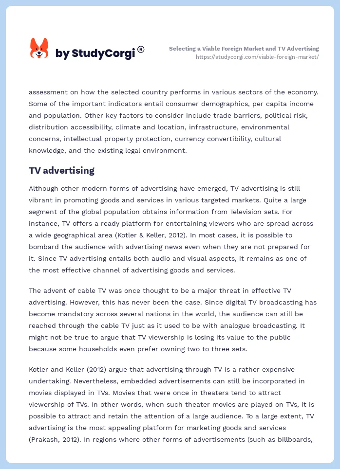 Selecting a Viable Foreign Market and TV Advertising. Page 2
