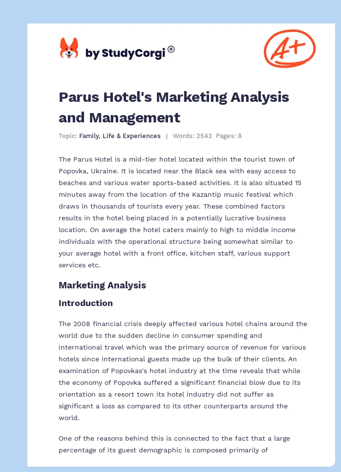 Parus Hotel's Marketing Analysis and Management. Page 1